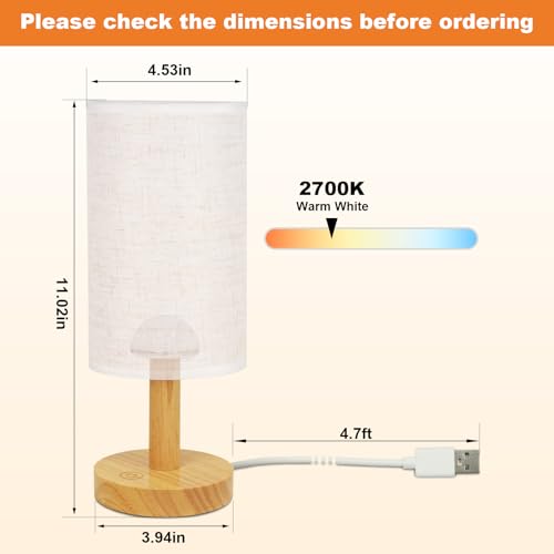 Image of Small Touch Table Lamps Set of 2 with Stepless Dimming&USB Plug, Natural Round Wood Base & Linen Fabric Shade |Soft Ambient Night Light |Minimalist Boho Bedside Lamp for Bedroom,Nursery,Kitchen,Dorm