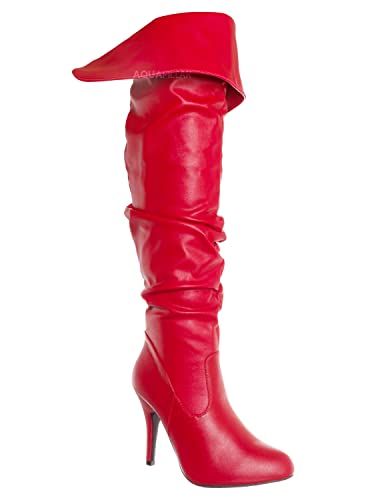 Forever Link High Heel Wrinkled Slouchy Dress Boots - Stretch Foldable Over Knee Red, Sz:10 #TOP1