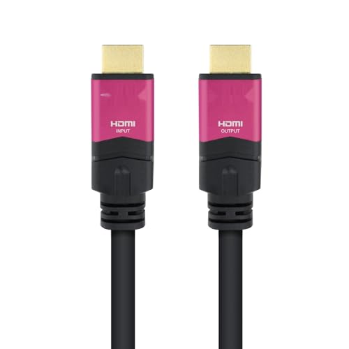 Cavo HDMI 2.0 di alta qualità, supporta 4K a 60Hz e include un ripetitore per preservare il segnale fino a 25 metri. Ha un design nero e connettori tipo A maschio su entrambe le estremità, perfetto