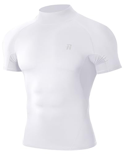 Runhit Mens Turtleneck Compression T-Shirt Men Short Sleeve Mock Neck Shirt UPF 50+ Athletic Shirts Turtle Undershirt Football Gym Running White L