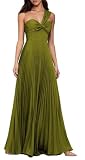 KIYNE Vestido de dama de honor con un hombro descubierto, plisado, sin mangas, de gasa, formal, vestido de invitada de boda, verde oliva, 40