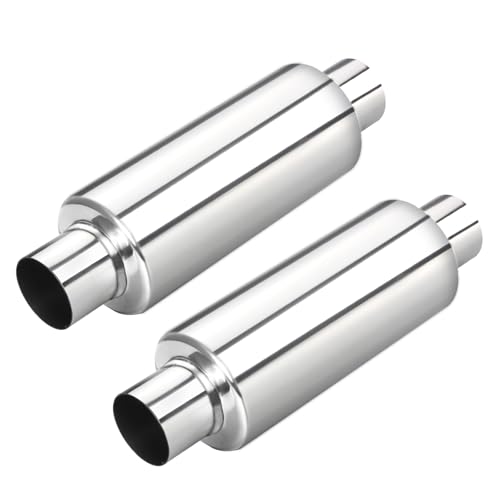 Image of LCGP 2.25 inch Inlet Universal Resonator Muffler, 2.25 inch Outlet 13.77 inch Overall Length Stainless Steel High Performance Muffler, Polished, Pass-Thru Design 2pack