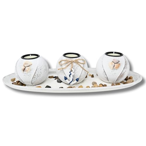 damaloo Set di portacandele in stile marittimo con ancora, decorazione marittima per soggiorno, bagno e decorazione da tavolo, portacandele in legno con pietre, articolo decorativo per roulotte -