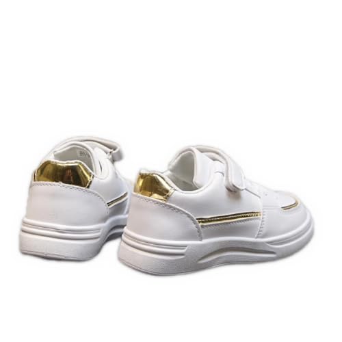 White Leather Sneakers with Gold Accents, Hook and Loop Closure,