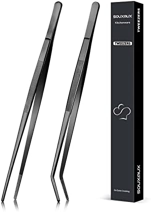 25.5cm Cooking Tweezer and Curved Tong Set, Tongs Precision Serrated Tips, Stainless Steel Professional Chef Tweezer Kitchen Tools for BBQ, Plating and Serving