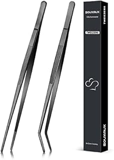 25.5cm Cooking Tweezer and Curved Tong Set, Tongs Precision Serrated Tips, Stainless Steel Professional Chef Tweezer Kitchen Tools for BBQ, Plating and Serving