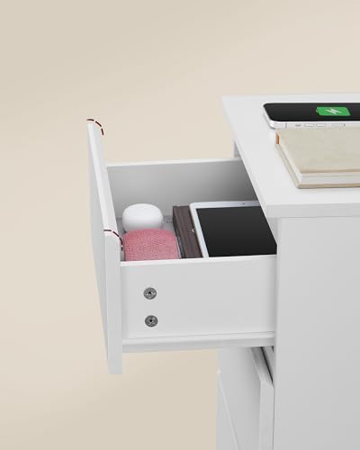 VASAGLE Bedside Table, Set of 2, Side Table, 3 Drawers, Beveled Edge, 2 AC Outlets, 2 USB Ports, Living Room, Bedroom, Study Room, Modern, Cloud White LET831W14