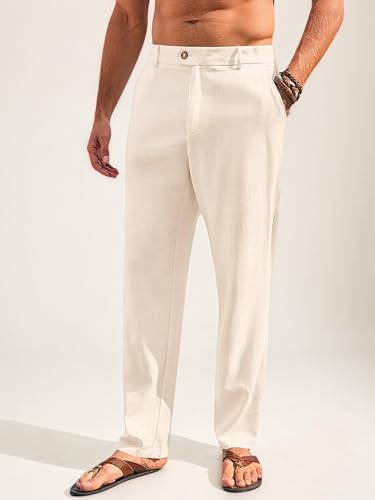 Mens Casual Pants Elastic Waist Beach Yoga Trousers Linen Lightweight Straight-Legs Loose Fit Summer