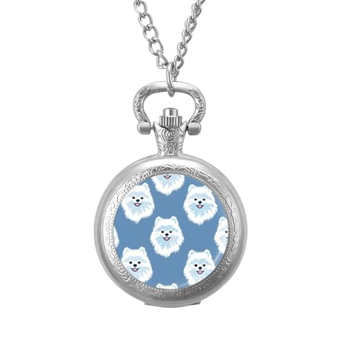 Reloj de bolsillo vintage de perro pomerania blanco con cadena de números arábigos, escala de cuarzo, relojes de bolsillo, regalos para hombres y mujeres