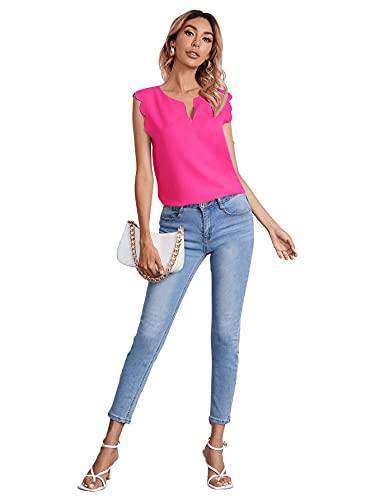 Shein Women's Sleeveless Notched Neck Shirt Scallop Trim Solid Blouse Tops Hot Pink Xl #TOP4