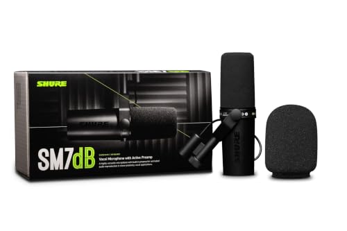 Image of Shure SM7dB Dynamic Studio Microphone with Built-in Preamp - XLR Mic for Podcasting, Streaming & Vocal Recording, Wide Frequency Range, Smooth Warm Audio, Detachable Windscreen, Black | Requires Plus 48V Phantom, Cardioid Dynamic, 50 Hz-20 Khz, Includes Windscreen