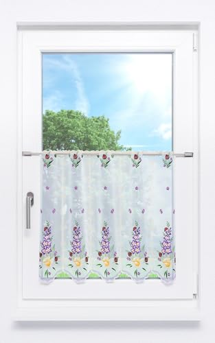 Plauener Spitze Scheibengardine Frühlingsblumen (Bx H) 80cm * 55cm Violett/Lila