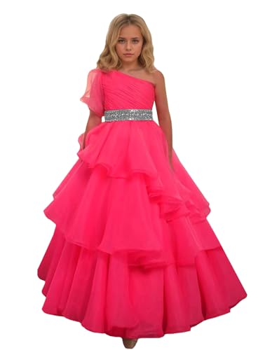 One Shoulder Girls Pageant Dress Long Crystals Organza Princess Party Ball Gowns Teen Formal Dress PT150
