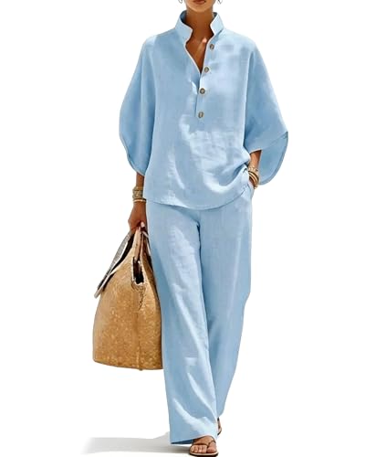 FOSHANEER Women’s Batwing Sleeve Linen Cotton Two-Piece Set – Casual