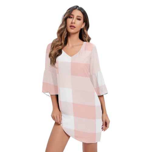 Robe décontractée à carreaux rose pastel blanc imprimé hawaïen court pour l'été