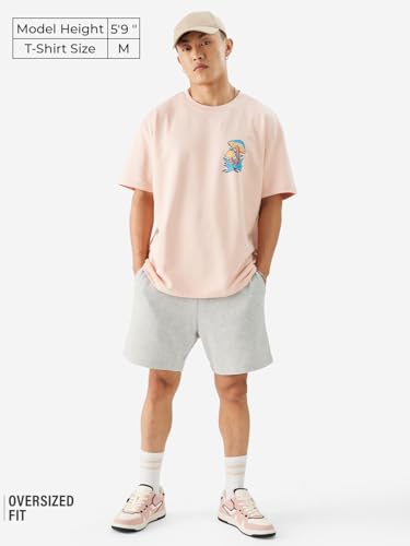 Image of The Souled Store Trippin' Good Men and Boys Short Sleeve Round Neck Pink Graphic Printed Cotton Oversized T-Shirts
