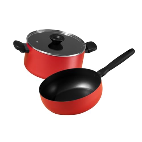 Meyer Bauhaus Aluminum Nonstick Casserole + Saucier Cookware Set with Interchangeable Lid | Non Stick Cookware Set | Cooking Set for Kitchen | Induction Cookware, 24cm, Red