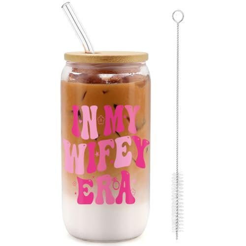 FIDWALL Iced Coffee Cup - Stylish Glass Mug with Lid and Straw - Pink Letter Design - Ideal Gift for Weddings and Bridesmaids