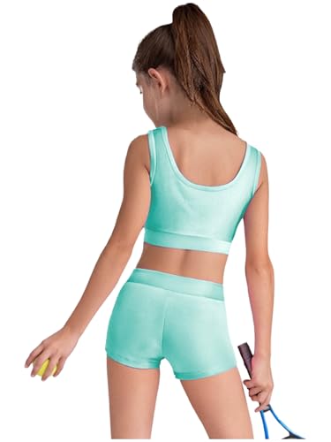 Girls Gymnastics Dance 2 Piece Shiny Metallic Set Crop Tank Top And Booty Shorts for Tennis Sports Light Green 12 Years3