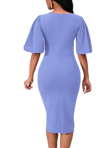 Image of WanMem Womens Basic Bodycon Ruffle Flared Short Sleeve Pencil Midi Dress