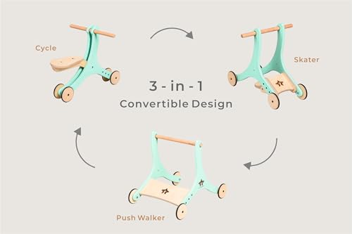 Image of 3-in-1 Convertible Wooden Walker, Cycle & Skater - Multi-Stage Ride-On for Growing Kids (Polar Green)
