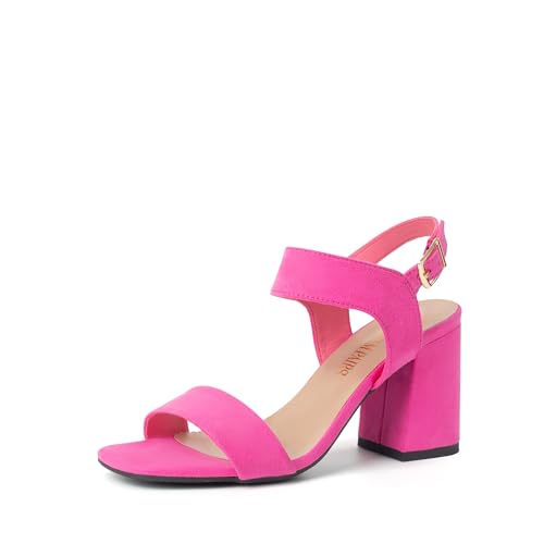 DREAM PAIRS Women's High Chunky Heels Square Toe Block Ankle Strap 3 inch Comfortable Heeled Sandals For Formal Wedding Party Dress 6.5 Hot Pink-suede