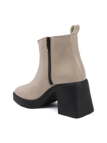 Image of ELLE Women's Glossy Platform Ankle Bootie Chunky Heel with Gold-Tone Emblem