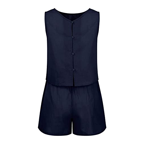 2 Piece Outfits For Women, Autumn Sleepshirts For Ladies Cycling Sleeveless Two Piece Fashion Light Sweatsuit Cotton Fit Solid Color Scoop Neck Flounce Sweatsuit Ladies Navy #TOP2