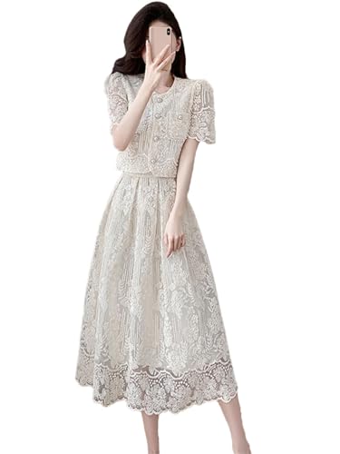 Women Embroidery Lace 2 Piece Set Beaded Flower Single Breasted Short Top A Line Midi Skirt Suits High Qu