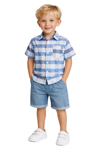 Image of DKNY Boys' Shorts Set - 2 Piece Short Sleeve Collared Button Down Shirt and Stretch Denim Shorts for Boys (Sizes: 8-12)
