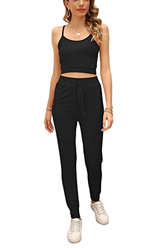 ACLOIN Jogginganzug Damen Sexy Hausanzug Baumwolle Sommer Freizeitanzug Zweiteiler Set Sportanzug Trainingsanzug Sportbekleidung Sporthose (Schwarz, S) Cover