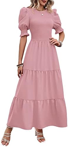 BTFBM Women Casual Summer Dresses 2026 Spring Crew Neck Ruffle Short Sleeve Smocked Floral Boho Flowy Maxi Dress Clothes