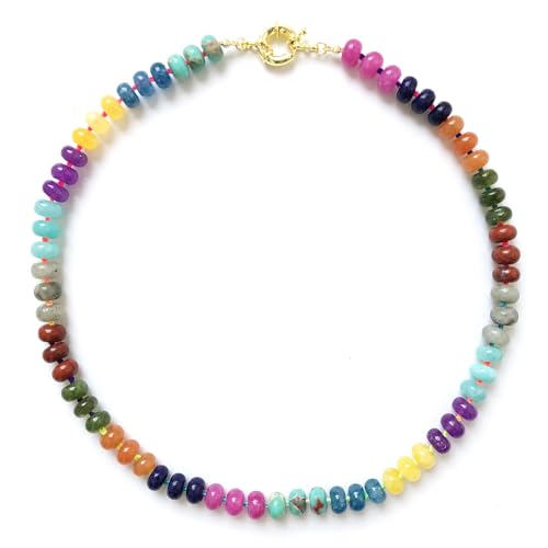 Beaded Gemstone Necklace for Women, Colorful Boho Bead Choker Natural Stone Surfer Beach Rainbow Color Bead 18K Gold Plated DIY Handmade Jewelry Charm Trendy Birthday Gifts