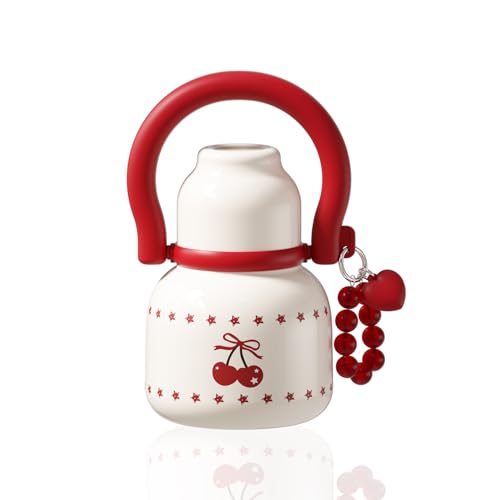 Sidagar 22 oz Water Bottle with Straw and Bowl, Unique Insulated 316L Stainless Steel Leak-Proof Flask for Women & Kids, Yoga & Travel, with Heart Bracelet Charm, Cherry White