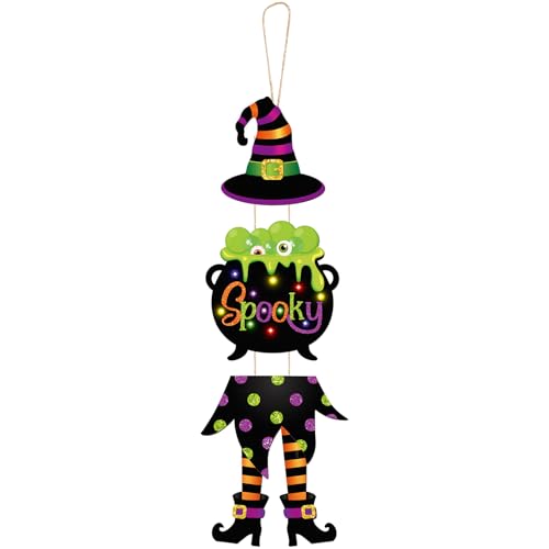Yerliker Happy Sign Decoration Witch Legs Hat Hanging Wooden Wall Decor Version Rustic Front Door Hanger Fall Art Ornament for Home Room Indoor Outdoor Holiday Party (Colorful,Spooky)