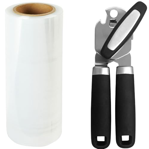 GORILLA GRIP Stretch Wrap Roll, 17in 1000FT Clear and Black Can Opener Bundle
