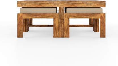 Image of Solid Sheesham Wood Coffee Table with Four Coushion Stool, Center, Teapoy, Sofa Side Table, Furniture for Living, Guest, Holl, Areas