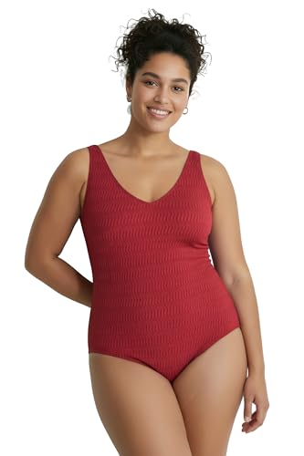 Ulla Popken Damen große Größen Übergrößen Plus Size Badeanzug, Struktur, ohne Softcups, V- Ausschnitt dunkle Himbeere 48 847135530- 48