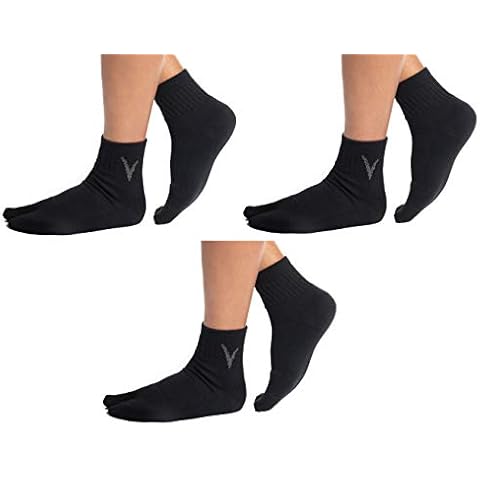 V-Toe Flip-Flop Tabi Split Toe Wool Socks for Men & Women - Japanese Big Toes Separated - Quarter Length Mini-Crew - Black 3 Pair Pack Cover