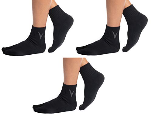 V-Toe Flip-Flop Tabi Split Toe Wool Socks for Men & Women - Japanese Big Toes Separated - Quarter Length Mini-Crew - Black 3 Pair Pack