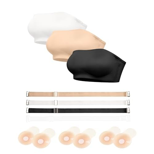 DEANGELMON Strapless Bras for Women Non-Slip Silicone Bandeau Seamless Tube Top Bralette Comfy Non Padded Stretchy Stylish XX-Large Black+white+skin