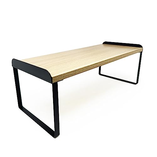 Mitus Shelf Organizer and Storage, Tiered Wood Cabinet Rack for The Kitchen Counter, Bathroom Counter, Pantry Cupboard, Office Desk Bookshelf, 16" Wide Natural and Black