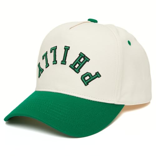 Funky Junque Retro Philadelphia Hat Baseball Cap with Upside Down City Arched Embroidery Unisex Adjustable Snapback for Football Game Day Tailgating Philly (Green/Beige)