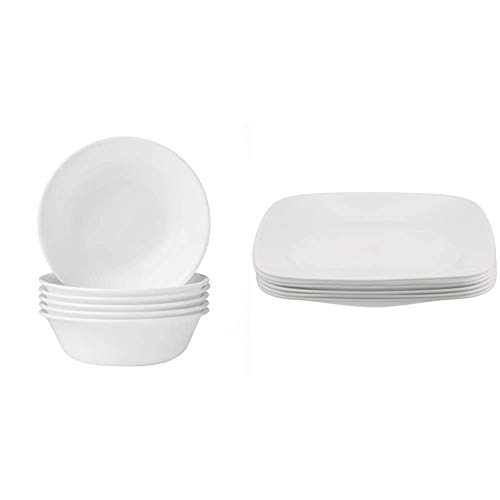 Corelle Soup/Cereal Bowls Set (18-Ounce, 6-Piece, Winter Frost White) & Square Pure White 9-Inch Plate Set (6-Piece)