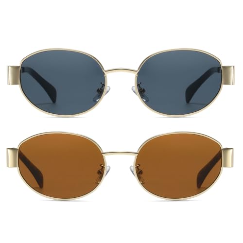 Hanj Trendy Oval Vintage 90s Sunglasses for Women Men, Retro Sun Glasses, Classic Shades UV Protection (Gold Duo Pack: Grey & Brown)2