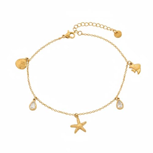 Image of Anklets for Women Dainty CZ Ankle Bracelet 18K Gold Plated Waterproof Boho Dot Star Moon Daisy Ocean Beaded Anklet Trendy Foot Jewelry