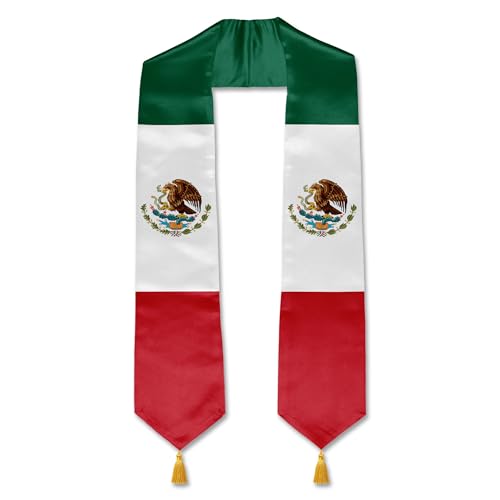 YOXEULL Mexico Flag Graduation Stole with Gold Tassels, Unisex Adult Mexican Graduation Honor Scarf