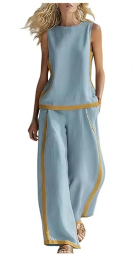 2026 Women's Round Neck Sleeveless Casual Loose Top And, Color Block Wide-Leg Pants Wo Piece Outfit (Blue,L)