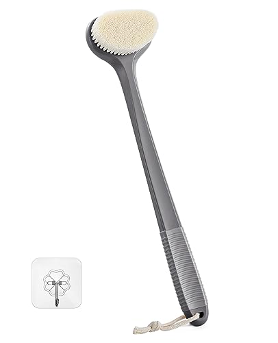 Cepillo para Espalda con Mango Largo de 43 cm, Agarre Antideslizante y Cerdas Moderadas, Exfoliación Suave para Ducha, Cepillo Corporal para Hombres y Mujeres – Gris