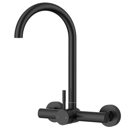 Image of Wall Mount Kitchen Faucet, 8 Inch Center, Matte Black, Lead-Free | Single Handle, 360 Swivel, NSF /ANSI /CAN 372 Lead-free, CEC /DOE 1.8 GPM, 2-hole, Spot-resistant, DIY friendly, No Deck Mess